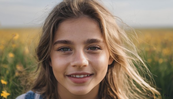 1girl,solo,long hair,looking at viewer,smile,blue eyes,blonde hair,brown hair,shirt,flower,outdoors,teeth,day,grin,blurry,lips,depth of field,blurry background,portrait,forehead,freckles,realistic,yellow flower,sunflower,field,straight-on,open mouth,brown eyes,:d,sky,floating hair,thick eyebrows,wind,nose,overalls