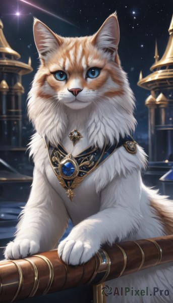 solo,looking at viewer,blue eyes,jewelry,closed mouth,outdoors,sky,no humans,night,animal,cat,ring,brooch,gem,star (sky),night sky,starry sky,railing,animal focus,white fur,blue gemstone,shooting star,white cat,fluffy,artist name,necklace