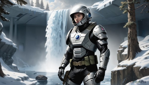 1girl,solo,looking at viewer,brown hair,gloves,brown eyes,standing,weapon,outdoors,belt,dark skin,water,armor,tree,lips,military,helmet,gauntlets,nature,snow,science fiction,pouch,breastplate,rock,mountain,realistic,winter,waterfall,power armor,signature,shoulder armor,pauldrons,full armor,spacecraft