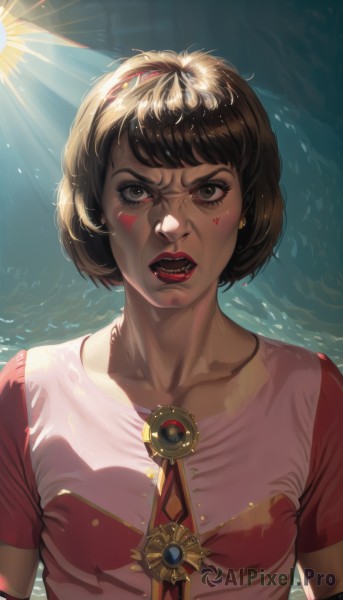 1girl,solo,breasts,looking at viewer,short hair,open mouth,bangs,brown hair,shirt,brown eyes,jewelry,collarbone,upper body,short sleeves,hairband,earrings,small breasts,teeth,water,black eyes,lips,eyelashes,makeup,facial mark,sunlight,lipstick,t-shirt,light rays,realistic,nose,sun,red lips,facepaint,angry,backlighting