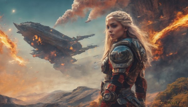 1girl,solo,long hair,looking at viewer,blue eyes,blonde hair,braid,outdoors,sky,looking back,cloud,signature,armor,lips,makeup,fire,smoke,science fiction,breastplate,mountain,realistic,aircraft,nose,explosion,power armor,spacecraft,burning,molten rock,from side,shoulder armor,gauntlets,scenery,french braid,airship