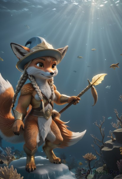 solo,long hair,smile,1boy,hat,holding,animal ears,brown eyes,jewelry,closed mouth,standing,tail,full body,weapon,braid,male focus,outdoors,belt,artist name,signature,water,holding weapon,twin braids,fox ears,fox tail,animal,sunlight,polearm,staff,fox girl,multiple tails,claws,pelvic curtain,furry,blue headwear,fish,bubble,light rays,rock,underwater,holding staff,bracer,air bubble,furry male,body fur,holding polearm,loincloth,fox,trident,lily pad,coral,tribal,orange fur,1girl,barefoot,animal ear fluff,no humans,witch hat,watermark,helmet,spear,ears through headwear,shell,snout,brown fur,clownfish