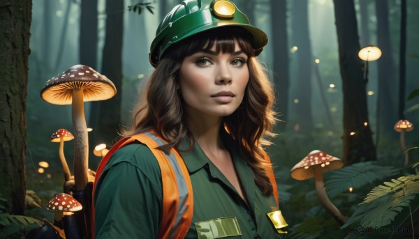 1girl,solo,long hair,looking at viewer,bangs,brown hair,shirt,hat,brown eyes,closed mouth,upper body,outdoors,collared shirt,medium hair,bag,blurry,tree,lips,blurry background,backpack,helmet,nature,forest,pocket,realistic,nose,green headwear,green shirt,mushroom,day,uniform,leaf,sunlight,thick eyebrows,breast pocket