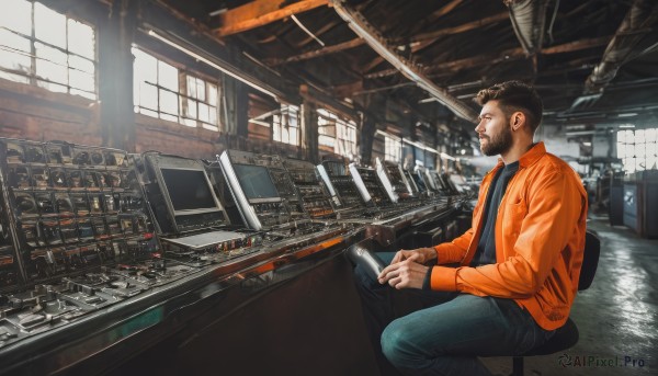 solo,short hair,brown hair,shirt,black hair,long sleeves,1boy,holding,sitting,jacket,male focus,open clothes,pants,indoors,from side,open jacket,black shirt,window,facial hair,chair,denim,scenery,beard,science fiction,watch,jeans,wristwatch,computer,orange jacket,brown jacket,realistic,controller,undercut,orange shirt,stool,monitor