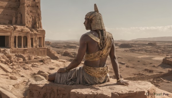 1girl,solo,long hair,1boy,jewelry,sitting,male focus,outdoors,sky,day,dark skin,from behind,bracelet,dark-skinned female,arm support,back,dark-skinned male,helmet,scenery,rock,sand,yokozuwari,ruins,sepia,egyptian,brown theme,egyptian clothes,desert,barefoot,realistic