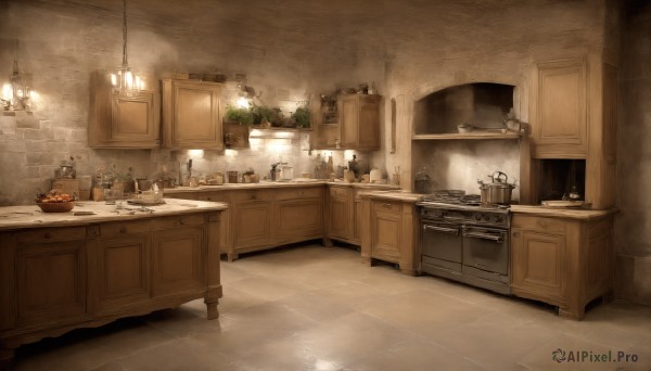 HQ,food,indoors,no humans,window,table,bottle,plant,steam,scenery,plate,bowl,door,tiles,potted plant,wall,tile floor,cooking,shelf,tile wall,kitchen,frying pan,sink,faucet,cabinet,stove,cutting board,lamp,counter,chandelier