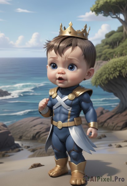 solo,short hair,open mouth,blue eyes,brown hair,1boy,standing,full body,male focus,boots,outdoors,parted lips,sky,day,belt,artist name,cloud,signature,water,armor,tree,blue sky,lips,bodysuit,muscular,shadow,ocean,beach,brown footwear,crown,muscular male,clenched hand,rock,sand,horizon,brown belt,male child,teeth,chibi,child,blue bodysuit