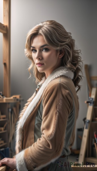 1girl,solo,long hair,looking at viewer,blonde hair,brown hair,gloves,long sleeves,brown eyes,upper body,parted lips,indoors,blurry,from side,lips,coat,fur trim,makeup,depth of field,blurry background,wavy hair,lipstick,freckles,curly hair,realistic,nose,brown coat,painting (action),canvas (object),easel,jewelry,earrings,ring,paintbrush