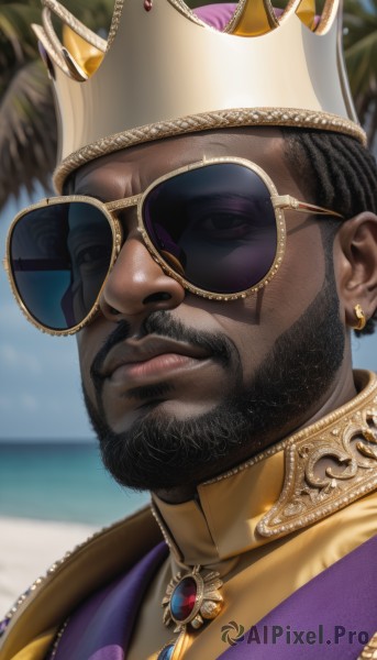 solo,looking at viewer,black hair,1boy,jewelry,closed mouth,male focus,earrings,outdoors,glasses,day,dark skin,blurry,black eyes,tree,lips,blurry background,facial hair,ocean,scar,beach,sunglasses,dark-skinned male,crown,gem,portrait,beard,gold trim,nose,round eyewear,mustache,palm tree,gold,very dark skin,sky,close-up,realistic,blue gemstone,gold chain