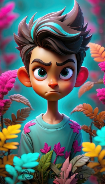 solo,looking at viewer,short hair,brown hair,shirt,black hair,1boy,closed mouth,green eyes,upper body,flower,male focus,multicolored hair,artist name,blurry,blurry background,frown,leaf,blue shirt,spiked hair,child,pink flower,freckles,yellow flower,male child,blue eyes,watermark,aged down,plant,web address,floral background