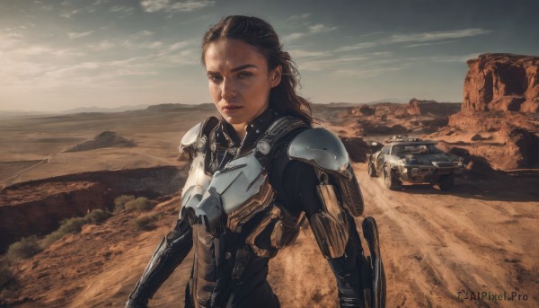 1girl,solo,long hair,looking at viewer,brown hair,black hair,brown eyes,upper body,outdoors,sky,cloud,medium hair,armor,lips,bodysuit,cloudy sky,ground vehicle,motor vehicle,science fiction,mountain,realistic,car,power armor,desert,robot,sand,dirty