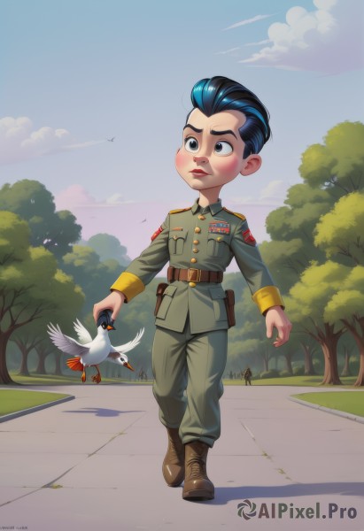 solo,short hair,black hair,long sleeves,1boy,closed mouth,blue hair,standing,jacket,full body,male focus,multicolored hair,boots,outdoors,sky,day,belt,pants,artist name,cloud,uniform,black eyes,tree,gun,military,military uniform,shadow,bird,animal,watermark,brown footwear,child,web address,walking,green jacket,brown belt,male child,military jacket,green pants,soldier,dove,blush,signature,blue sky,grass,road