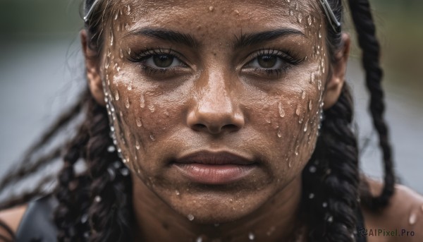 1girl,solo,long hair,looking at viewer,black hair,brown eyes,closed mouth,braid,dark skin,blurry,dark-skinned female,lips,wet,depth of field,blurry background,portrait,close-up,forehead,realistic,nose,wet hair,very dark skin,dreadlocks,1boy,male focus,sweat,parted lips,goggles,freckles,goggles on head,sweating profusely