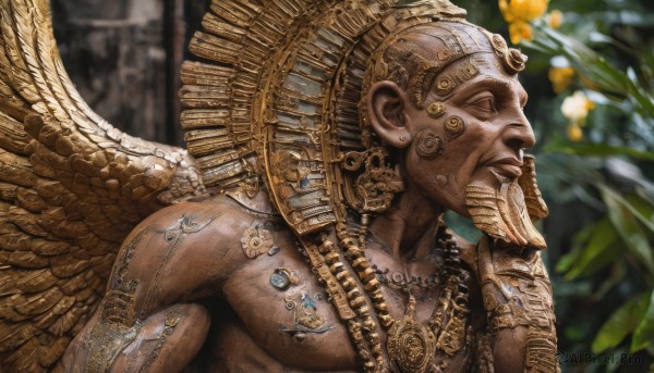 solo,1boy,jewelry,closed eyes,upper body,flower,male focus,outdoors,wings,hand up,dark skin,necklace,blurry,from side,profile,muscular,blurry background,dark-skinned male,plant,feathered wings,topless male,gold,closed mouth,earrings,armor,tattoo,depth of field,chain,piercing,helmet,gem,realistic,statue,gold chain