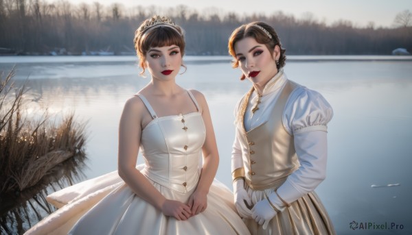 breasts,looking at viewer,smile,short hair,bangs,multiple girls,brown hair,black hair,gloves,long sleeves,dress,2girls,bare shoulders,brown eyes,jewelry,medium breasts,closed mouth,standing,collarbone,earrings,outdoors,sleeveless,day,puffy sleeves,white gloves,water,white dress,vest,tree,lips,makeup,sleeveless dress,own hands together,tiara,lipstick,juliet sleeves,nature,snow,eyeshadow,red lips,winter,bare tree,lake,blue eyes,mole,realistic