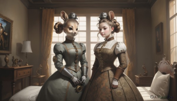 breasts,looking at viewer,smile,blue eyes,multiple girls,brown hair,gloves,long sleeves,dress,2girls,animal ears,standing,braid,puffy sleeves,indoors,hair bun,armor,pillow,window,double bun,bed,crown,curtains,juliet sleeves,gauntlets,furry,mouse ears,lamp,painting (object),portrait (object),hair ornament,brown eyes,jewelry,earrings,sunlight,tiara,corset,clock,brown dress,bedroom,princess