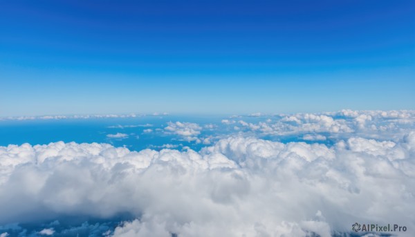 monochrome,outdoors,sky,day,cloud,blue sky,no humans,ocean,nature,scenery,blue theme,city,horizon,cityscape,landscape,above clouds,water,cloudy sky