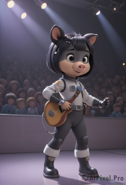 1girl,looking at viewer,smile,short hair,bangs,shirt,black hair,hair ornament,gloves,long sleeves,holding,animal ears,closed mouth,standing,tail,full body,white shirt,boots,multiple boys,solo focus,hairclip,belt,artist name,indoors,signature,blunt bangs,bag,black footwear,black eyes,bodysuit,watermark,happy,bob cut,instrument,child,furry,pouch,mouse ears,furry female,black bodysuit,guitar,female child,knee pads,crowd,stage,spotlight,buck teeth,people,solo,pants,black pants,music,light,belt pouch,animal nose,stage lights,concert,audience