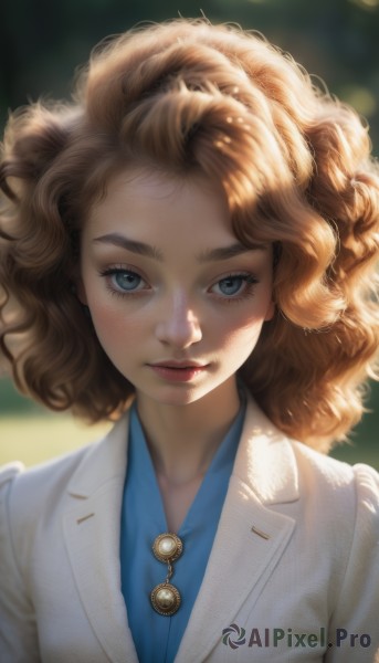 1girl,solo,long hair,looking at viewer,blue eyes,blonde hair,brown hair,shirt,jewelry,closed mouth,jacket,upper body,collared shirt,necklace,blurry,lips,eyelashes,makeup,buttons,depth of field,blurry background,wavy hair,formal,sunlight,suit,blue shirt,lipstick,portrait,freckles,curly hair,realistic,nose,dappled sunlight,smile,bangs,earrings,artist name,watermark,white jacket,thick eyebrows,brooch,backlighting,red lips,shade,white suit