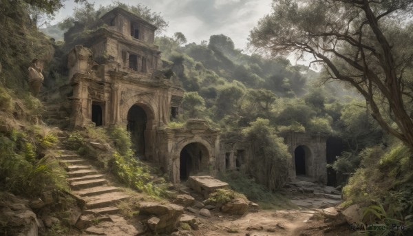 outdoors,sky,day,cloud,tree,no humans,sunlight,cloudy sky,grass,plant,building,nature,scenery,forest,rock,stairs,ruins,statue,path,moss,landscape,arch,stone