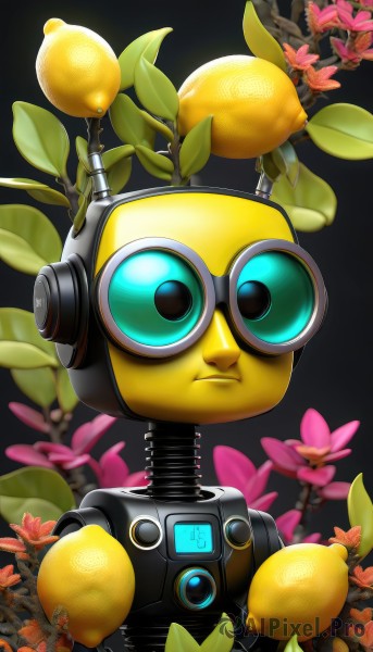 solo,looking at viewer,blue eyes,simple background,1boy,closed mouth,upper body,flower,male focus,food,blurry,no humans,fruit,headphones,leaf,robot,black background,goggles,zipper,artist name,signature,bird,plant,branch,humanoid robot,non-humanoid robot