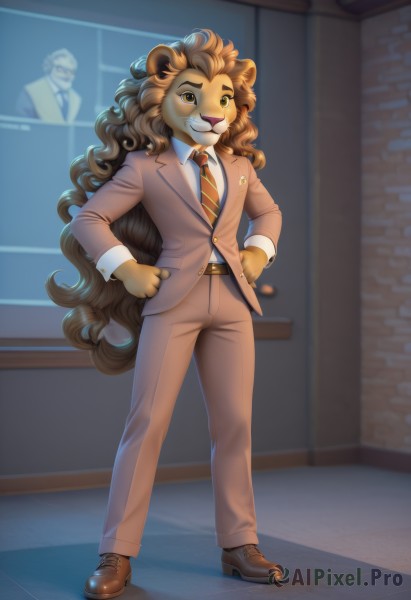 1girl,solo,long hair,looking at viewer,blush,smile,bangs,brown hair,shirt,long sleeves,1boy,animal ears,brown eyes,very long hair,standing,jacket,tail,full body,white shirt,male focus,necktie,shoes,teeth,solo focus,socks,striped,collared shirt,belt,pants,artist name,indoors,signature,grin,blurry,flat chest,buttons,blurry background,watermark,brown footwear,formal,happy,thick eyebrows,suit,red necktie,messy hair,furry,curly hair,pocket,hands on hips,brown jacket,door,furry female,tiles,furry male,body fur,brown pants,striped necktie,badge,animal nose,snout,brown fur,two-tone fur,buck teeth,shadow,wavy hair,brown belt,brick wall,lion ears