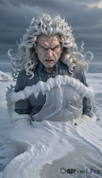 1girl,solo,long hair,looking at viewer,blue eyes,1boy,jewelry,white hair,male focus,outdoors,parted lips,sky,teeth,cloud,water,lips,facial hair,ocean,cloudy sky,messy hair,tentacles,beard,old,waves,fine art parody,upper body,grey hair,fur trim,scar,clenched teeth,angry,snow,curly hair,wrinkled skin