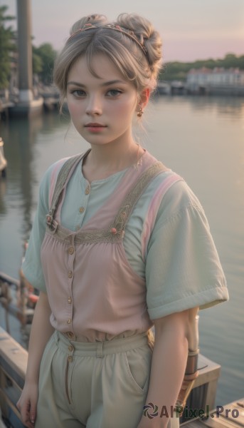 1girl,solo,looking at viewer,short hair,blue eyes,blonde hair,brown hair,shirt,jewelry,standing,short sleeves,cowboy shot,hairband,earrings,outdoors,parted lips,day,pants,water,bag,hair bun,blurry,lips,grey eyes,buttons,depth of field,blurry background,ocean,blue shirt,freckles,realistic,nose,overalls,watercraft,boat,lake,blush,bangs,brown eyes,white shirt,tree,double bun,thick eyebrows,denim,pink shirt,sunset,jeans,river