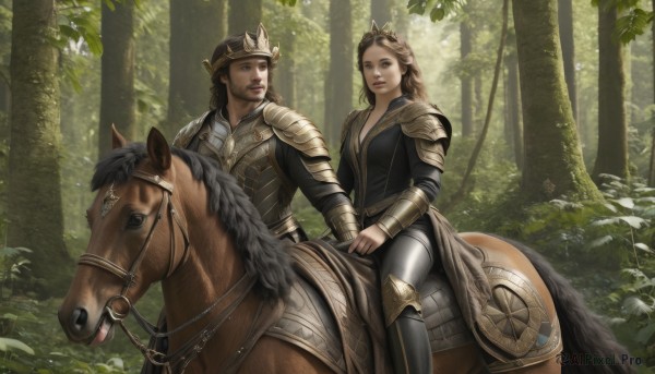 1girl,long hair,looking at viewer,smile,brown hair,1boy,brown eyes,closed mouth,boots,outdoors,day,armor,looking at another,tree,lips,facial hair,animal,helmet,crown,shoulder armor,gauntlets,nature,beard,forest,pauldrons,realistic,vambraces,riding,horse,horseback riding,plate armor,reins,saddle,blue eyes,tongue,cape,sunlight,fantasy