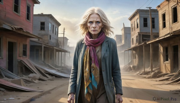 HQ,1girl,solo,looking at viewer,blue eyes,blonde hair,long sleeves,standing,jacket,white hair,outdoors,parted lips,open clothes,sky,day,pants,cloud,medium hair,scarf,coat,window,wind,building,city,realistic,arms at sides,road,house,street,pink scarf,dust,blue sky,old,power lines,dirty,dirty face,purple scarf,old woman,wrinkled skin