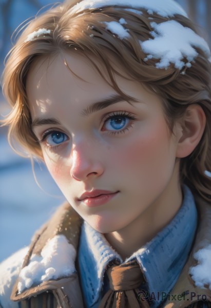 1girl,solo,looking at viewer,blush,short hair,blue eyes,blonde hair,brown hair,shirt,closed mouth,outdoors,collared shirt,blurry,lips,ascot,eyelashes,blurry background,blue shirt,portrait,snow,close-up,freckles,snowing,realistic,nose,winter,long hair,smile,bangs,hair ornament,jacket,day,artist name,mole,coat,fur trim,depth of field,thick eyebrows