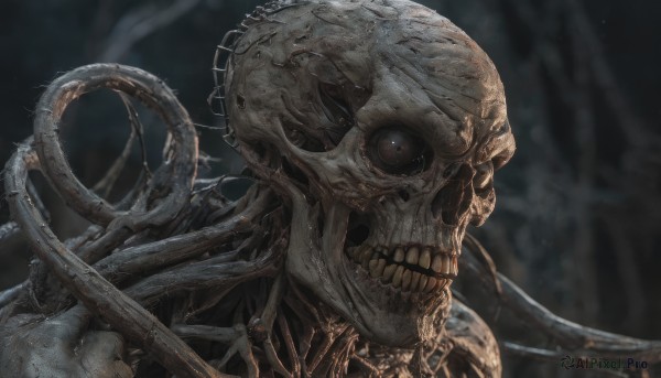 solo,looking at viewer,open mouth,holding,upper body,teeth,blurry,no humans,blurry background,portrait,1other,skull,monster,cable,skeleton,bone,alien,horror (theme),tentacles,realistic