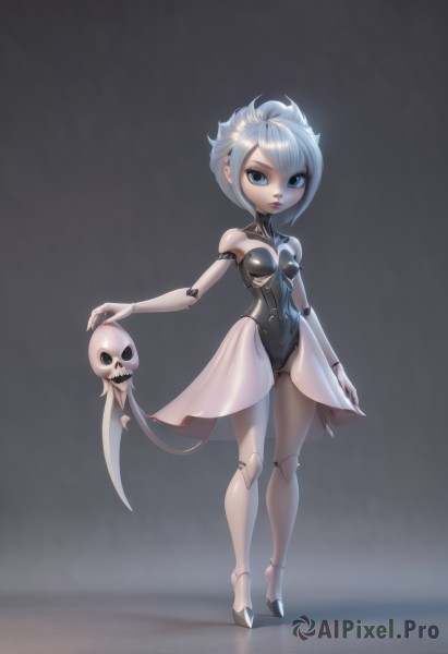 1girl,solo,breasts,looking at viewer,short hair,blue eyes,skirt,bare shoulders,standing,full body,white hair,grey hair,small breasts,parted lips,teeth,high heels,leotard,lips,see-through,makeup,black leotard,skull,android,red lips,joints,tiptoes,doll joints,robot joints,blue hair