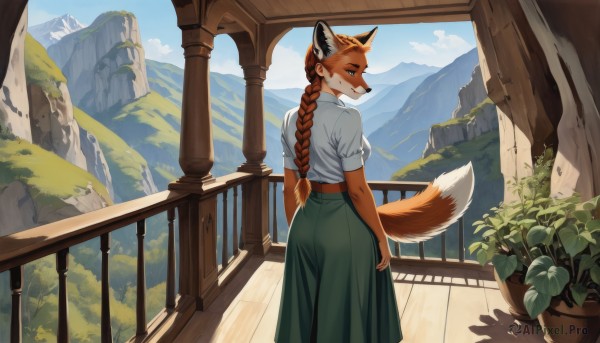 1girl,solo,long hair,breasts,looking at viewer,smile,blue eyes,skirt,brown hair,shirt,animal ears,jewelry,medium breasts,standing,tail,white shirt,ass,braid,short sleeves,red hair,outdoors,sky,teeth,day,looking back,artist name,cloud,indoors,from behind,orange hair,grin,tree,blue sky,animal ear fluff,fox ears,single braid,fox tail,half-closed eyes,happy,wolf ears,plant,green skirt,fox girl,scenery,wolf tail,furry,long skirt,braided ponytail,mountain,furry female,railing,wolf girl,shirt tucked in,potted plant,bush,body fur,white fur,animal nose,mountainous horizon,snout,brown fur,two-tone fur,balcony,orange fur,thick eyebrows,extra ears,freckles,long braid,fox