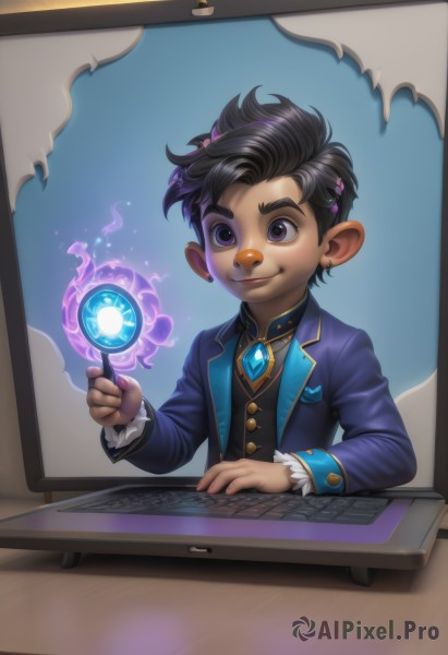 solo,smile,short hair,black hair,long sleeves,1boy,animal ears,jewelry,closed mouth,purple eyes,jacket,upper body,male focus,earrings,artist name,vest,fingernails,border,formal,blue jacket,brooch,gem,furry,magic,furry male,computer,monitor,laptop,mouse (computer),1girl,hair ornament,dark skin,mole,child,stud earrings,male child,very short hair,keyboard (computer)