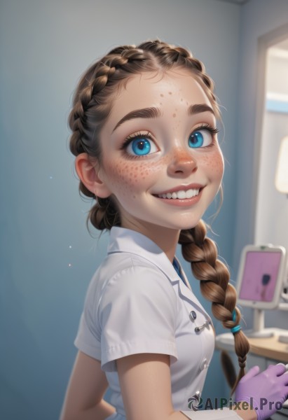 1girl,solo,long hair,breasts,looking at viewer,smile,open mouth,blue eyes,brown hair,shirt,gloves,white shirt,upper body,braid,short sleeves,small breasts,teeth,artist name,indoors,mole,grin,blurry,from side,lips,eyelashes,single braid,blurry background,child,hair over shoulder,forehead,freckles,realistic,nurse cap,female child,nurse,purple gloves,twin braids,looking to the side,makeup,buttons,depth of field,thick eyebrows,sharp teeth,nose,mascara