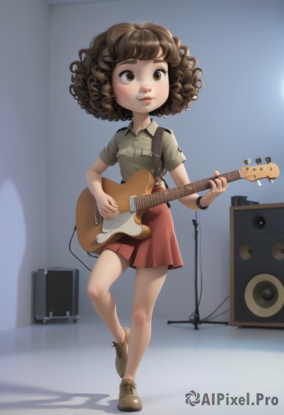 1girl,solo,smile,short hair,bangs,skirt,brown hair,shirt,holding,brown eyes,jewelry,closed mouth,standing,full body,short sleeves,pleated skirt,shoes,collared shirt,indoors,bracelet,lips,shadow,red skirt,brown footwear,standing on one leg,suspenders,wristband,instrument,child,microphone,grey shirt,curly hair,pocket,green shirt,music,guitar,female child,cable,breast pocket,playing instrument,holding instrument,electric guitar,speaker,amplifier,blush,no socks