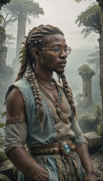 1girl,solo,long hair,brown hair,black hair,1boy,jewelry,closed mouth,standing,upper body,braid,male focus,cowboy shot,outdoors,detached sleeves,glasses,sleeveless,belt,signature,dark skin,necklace,twin braids,bracelet,dark-skinned female,tree,lips,dark-skinned male,plant,armlet,hand in pocket,realistic,nose,hands in pockets,round eyewear,very dark skin,dreadlocks,yellow-framed eyewear,multiple braids,blue eyes,artist name,facial hair,beard