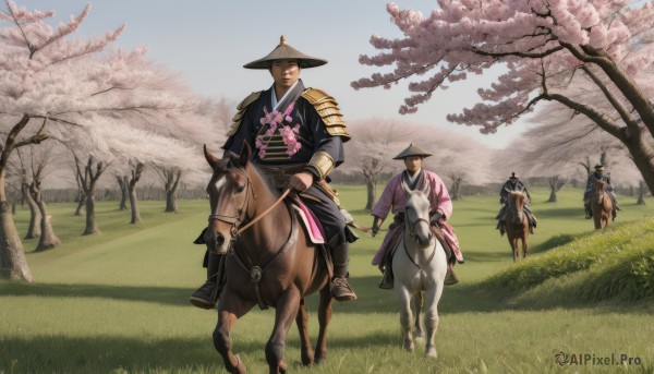 1girl,black hair,long sleeves,hat,weapon,male focus,outdoors,japanese clothes,multiple boys,sky,day,sword,armor,tree,black headwear,animal,grass,cherry blossoms,shoulder armor,6+boys,riding,japanese armor,field,horse,sode,samurai,horseback riding,looking at viewer,smile,short hair,gloves,1boy,holding,closed mouth,standing,black gloves,2boys,wide sleeves,kimono,holding weapon,blue sky,holding sword,katana,sheath,scenery,pink flower,walking,bow (weapon),black kimono,wide shot,kote,cow,saddle,kabuto (helmet),jingasa