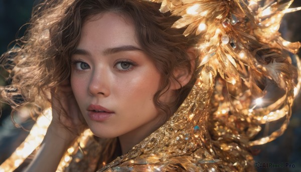 1girl,solo,long hair,looking at viewer,blue eyes,brown hair,hair ornament,brown eyes,jewelry,parted lips,artist name,hand up,mole,blurry,lips,grey eyes,eyelashes,depth of field,blurry background,wavy hair,feathers,portrait,close-up,hand on own face,freckles,curly hair,realistic,nose,mole on cheek,floating hair,gem,light particles,glint,gold