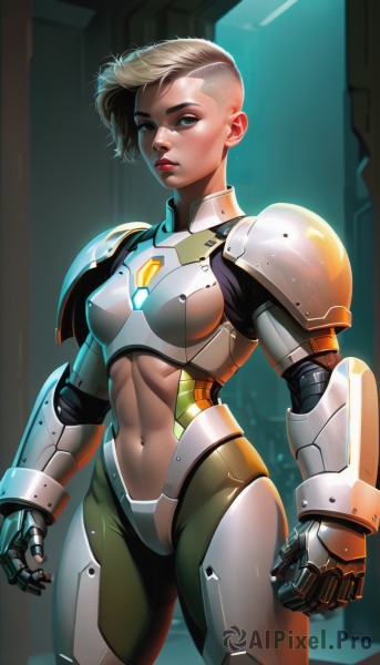 1girl,solo,breasts,looking at viewer,short hair,blue eyes,blonde hair,navel,medium breasts,standing,thighs,cowboy shot,parted lips,midriff,dark skin,armor,mole,lips,bodysuit,abs,shoulder armor,gauntlets,freckles,science fiction,toned,pauldrons,asymmetrical hair,breastplate,nose,very short hair,undercut,bikini armor,power armor,boobplate,small breasts,makeup,cyborg