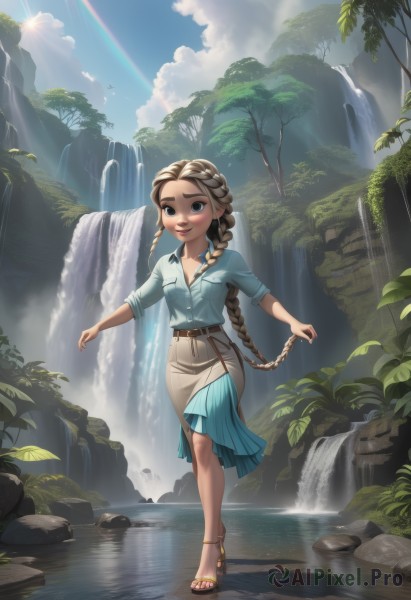 1girl,solo,long hair,smile,blue eyes,skirt,blonde hair,brown hair,shirt,jewelry,very long hair,standing,full body,braid,outdoors,sky,day,collared shirt,belt,artist name,cloud,water,necklace,high heels,twin braids,tree,blue sky,lips,toes,bird,brown footwear,sandals,sunlight,blue shirt,plant,nature,sleeves rolled up,walking,toenails,pocket,long skirt,light rays,rock,brown belt,sunbeam,rainbow,river,waterfall,cliff,stream,breasts,looking at viewer,dress,nail polish,single braid,thick eyebrows,toenail polish