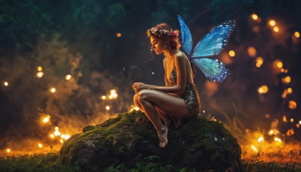 1girl,solo,breasts,smile,short hair,brown hair,hair ornament,dress,cleavage,bare shoulders,jewelry,medium breasts,sitting,closed eyes,flower,earrings,outdoors,wings,barefoot,pointy ears,hair flower,blurry,from side,tree,bare legs,strapless,profile,glowing,own hands together,grass,fire,nature,strapless dress,forest,rock,fairy wings,fairy,head wreath,butterfly wings,fireflies,dark-skinned female,lips,realistic,fantasy,dirty,dirty feet