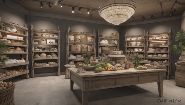 food,indoors,no humans,fruit,table,bottle,plant,scenery,plate,bowl,basket,potted plant,carrot,bread,shelf,kitchen,shop,vegetable,ceiling,ceiling light,radish,groceries,chair