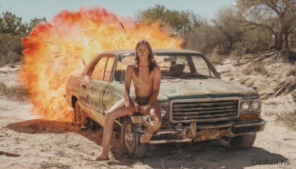 solo,long hair,looking at viewer,brown hair,black hair,1boy,navel,holding,sitting,underwear,nipples,male focus,outdoors,barefoot,day,spread legs,feet,tree,gun,soles,fire,ground vehicle,motor vehicle,topless male,realistic,car,explosion,vehicle focus,dirty,sports car,smile,panties,censored,sky,penis,pubic hair,bar censor,facial hair,underwear only,male pubic hair,clothing aside,beard,shota,male underwear