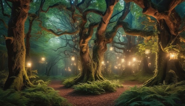 outdoors,tree,no humans,night,sunlight,grass,plant,nature,scenery,forest,lantern,fantasy,light,road,path,moss,fireflies