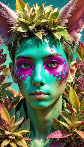 solo,looking at viewer,short hair,brown hair,1boy,animal ears,closed mouth,green eyes,yellow eyes,flower,male focus,outdoors,day,rabbit ears,blurry,lips,animal ear fluff,fox ears,eyelashes,makeup,leaf,facial mark,sunlight,plant,portrait,extra ears,eyeshadow,nose,eyeliner,facepaint,black hair,brown eyes,sweat,artist name,colored skin,watermark,sunflower,bodypaint,paint splatter