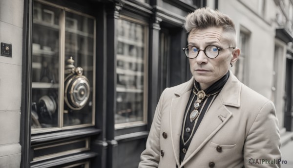 solo,looking at viewer,short hair,blue eyes,shirt,1boy,jewelry,closed mouth,jacket,upper body,white hair,grey hair,male focus,multicolored hair,earrings,necktie,glasses,collared shirt,indoors,blurry,black shirt,window,buttons,depth of field,blurry background,facial hair,formal,suit,wing collar,spot color,black-framed eyewear,realistic,grey jacket,round eyewear,door,stud earrings,old,old man,blonde hair,long sleeves,lips,coat,white jacket,nose,labcoat,white necktie