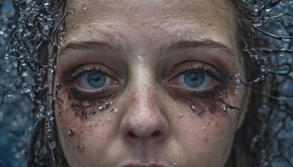 1girl,solo,long hair,looking at viewer,blue eyes,brown hair,black hair,closed mouth,water,lips,eyelashes,portrait,close-up,freckles,reflection,water drop,realistic,eye focus,blurry,straight-on