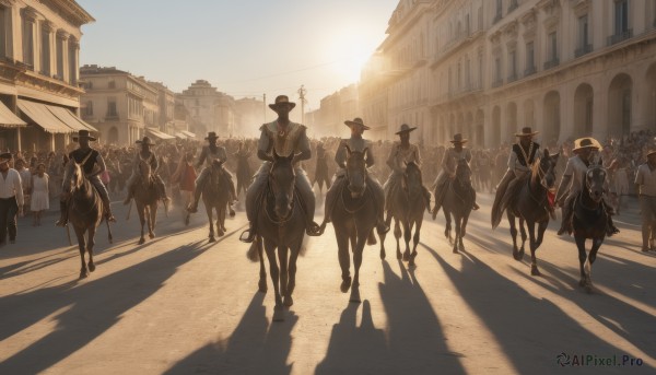 multiple girls,hat,holding,weapon,outdoors,multiple boys,sky,day,cape,shadow,6+girls,sunlight,building,scenery,walking,6+boys,city,road,riding,horse,street,crowd,horseback riding,people,gloves,boots,pants,sword,top hat,hat feather,cane